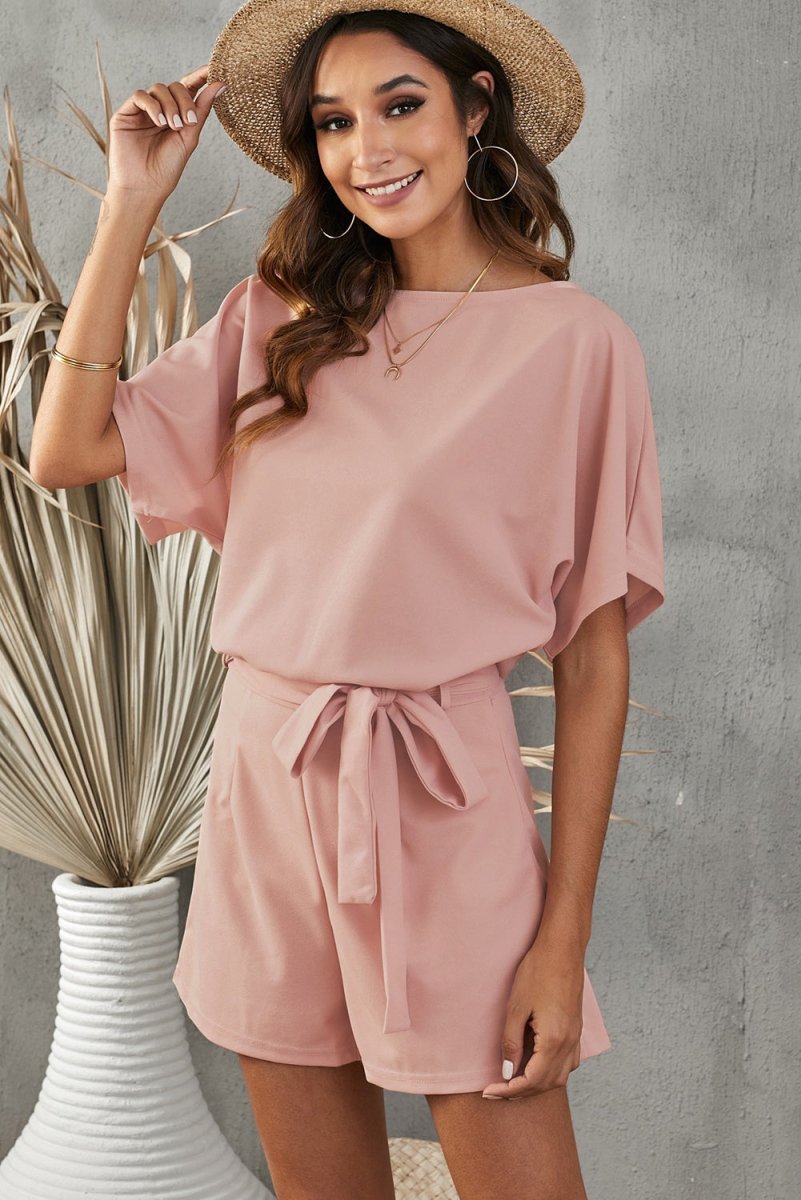 Tie Belt Short Sleeve Romper - CELIVINE