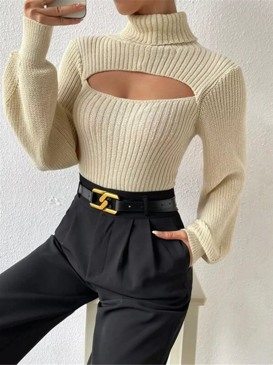 Cutout Front Turtleneck Long Sleeve Sweater - CELIVINE