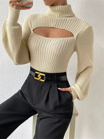 Cutout Front Turtleneck Long Sleeve Sweater - CELIVINE
