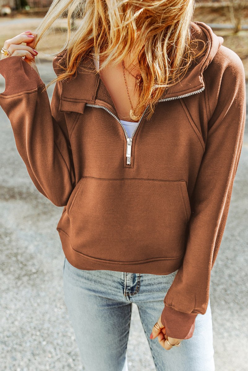 Half - Zip Thumbhole Sleeve Hoodie - CELIVINE