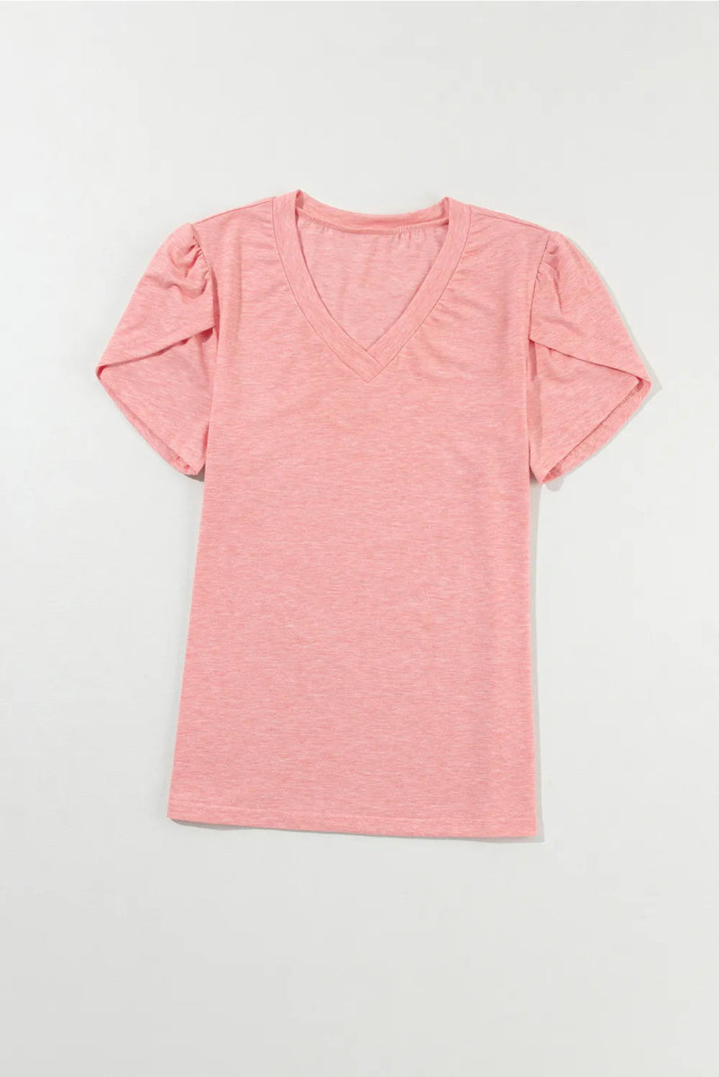 V - Neck Petal Sleeve T-Shirt - CELIVINE