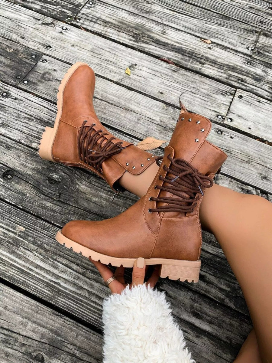 Round Toe Block Heels Boots - CELIVINE