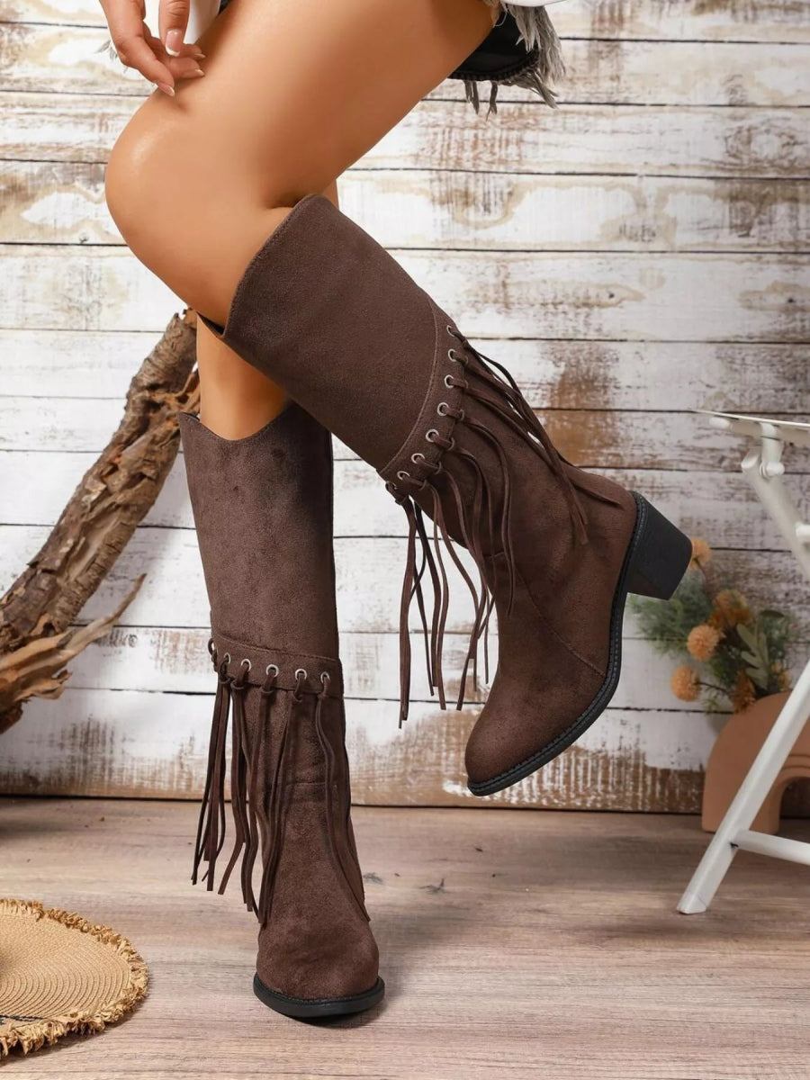 Fringe Point Toe Block Heels Boots - CELIVINE