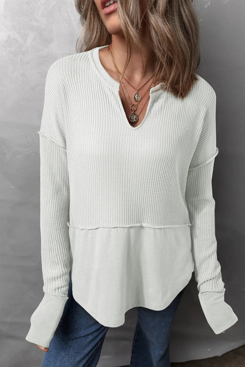 Waffle - Knit Exposed Seam Notched Long Sleeve Top - CELIVINE