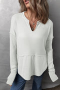 Waffle - Knit Exposed Seam Notched Long Sleeve Top - CELIVINE