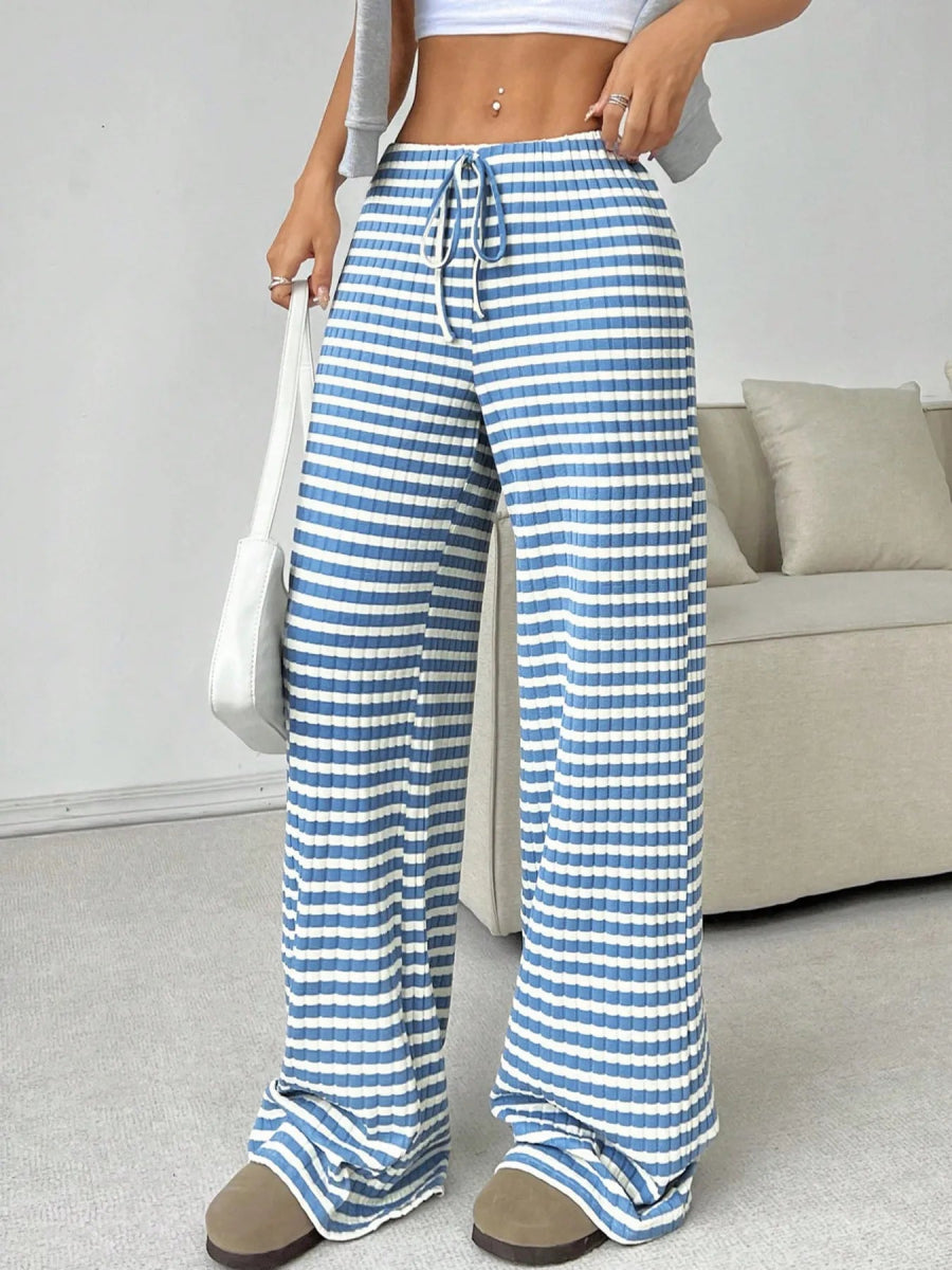 Striped Wide Leg Drawstring Pants - CELIVINE