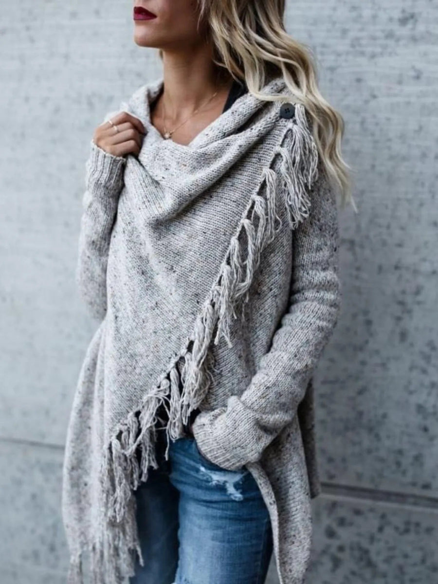 Fringe Long Sleeve Wrap Cardigan - CELIVINE