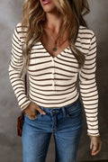 Striped V - Neck Long Sleeve Top - CELIVINE