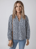 Floral Print Notched Long Sleeve Blouse - CELIVINE