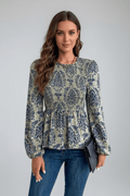 Peplum Printed Round Neck Long Sleeve Blouse - CELIVINE