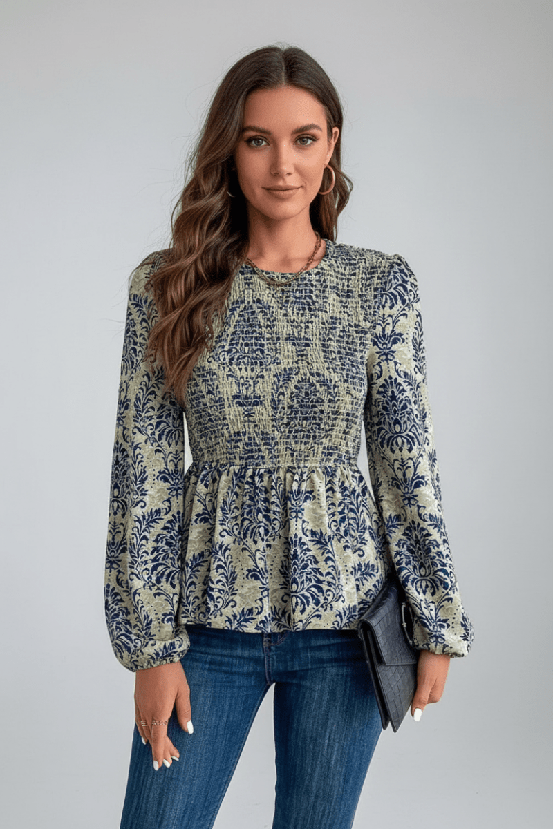 Peplum Printed Round Neck Long Sleeve Blouse - CELIVINE