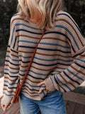 Multicolour Striped Knitted Drop Shoulder Round Neck Sweater - CELIVINE