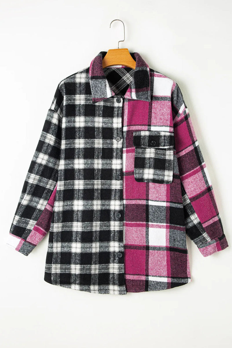 Pocketed Plaid Collared Neck Long Sleeve Shacket - CELIVINE