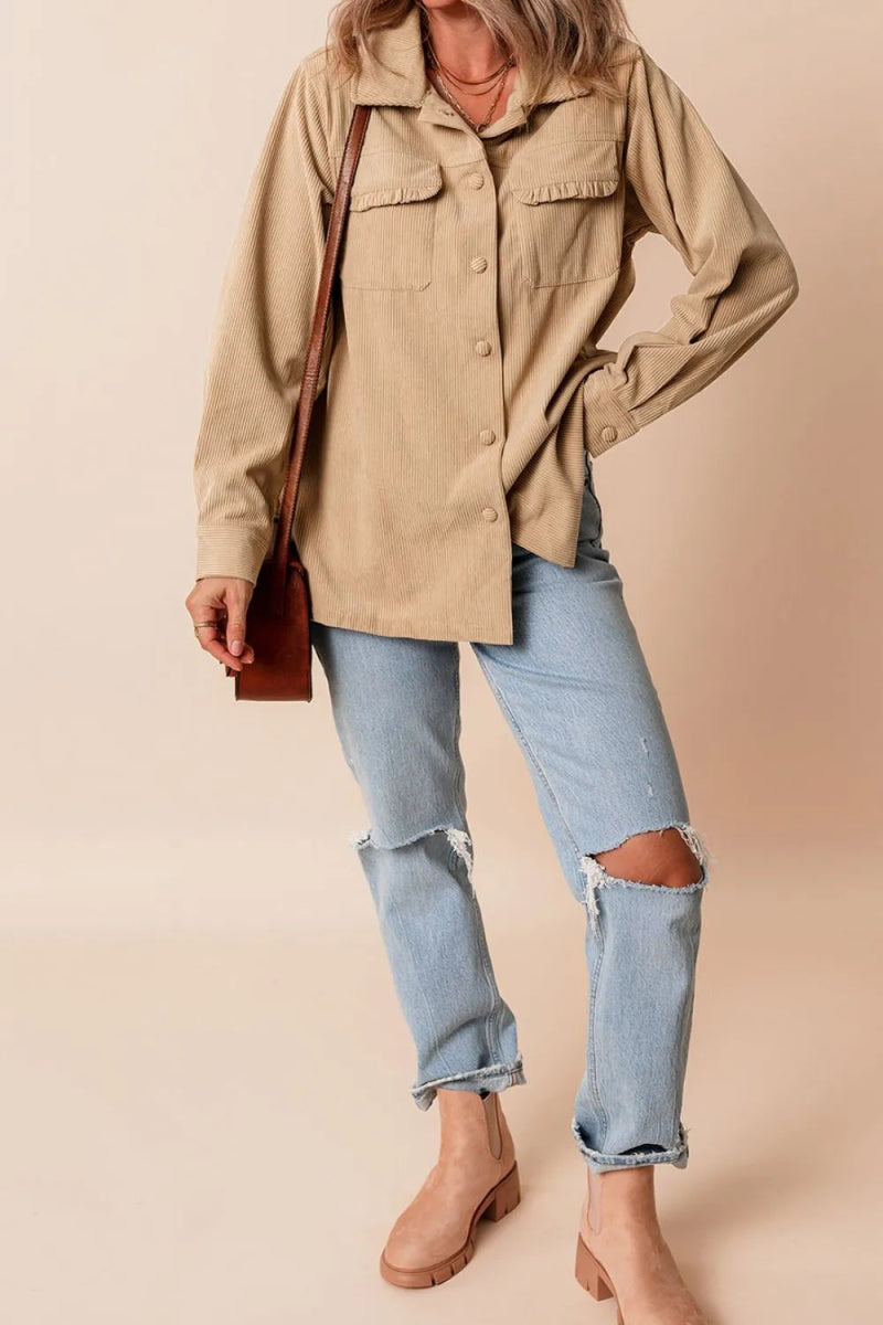 Frill Button Up Long Sleeve Shacket - CELIVINE