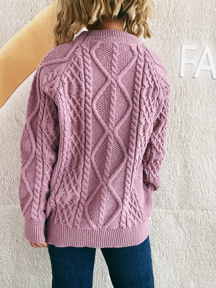 Cable Knit Long Sleeve Sweater - CELIVINE