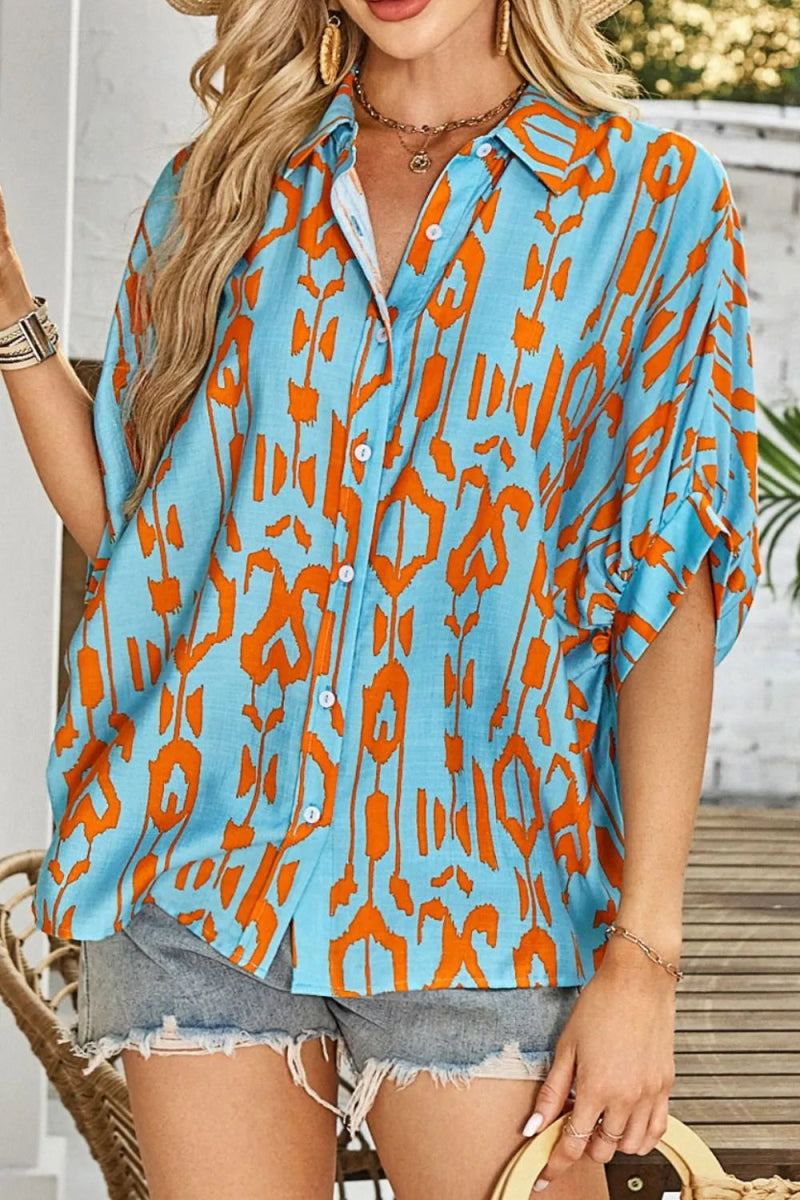 Abstract Print Dolman Short Sleeve Western Loose Shirt - CELIVINE