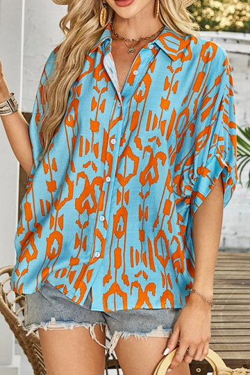 Abstract Print Dolman Short Sleeve Western Loose Shirt - CELIVINE