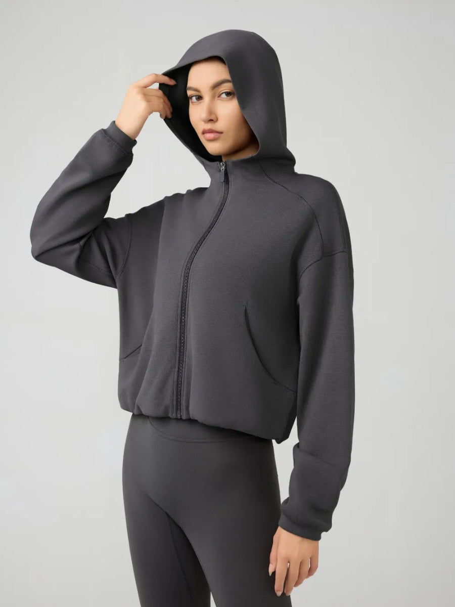 Zip Up Dropped Shouder Active Hooded - CELIVINE