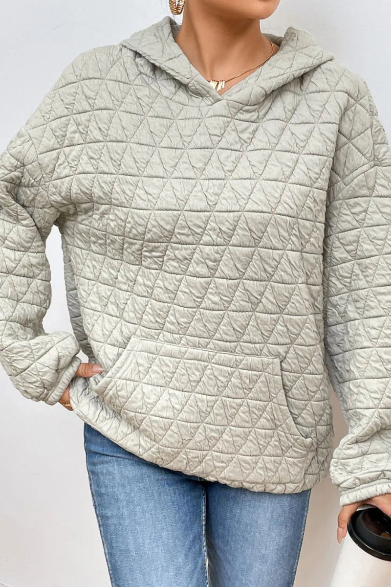 Quilted Long Sleeve Hoodie with Pocket - CELIVINE