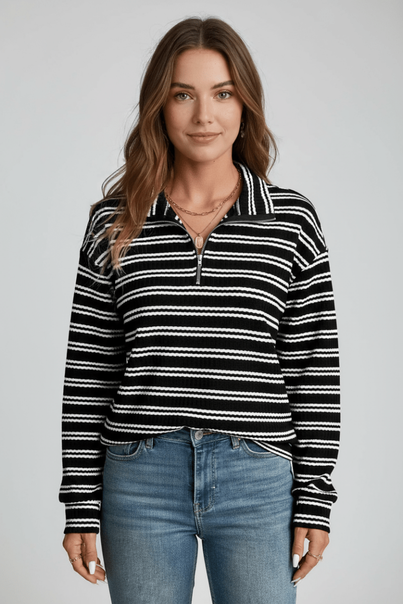 Striped Half Zip Long Sleeve Top - CELIVINE
