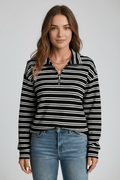 Striped Half Zip Long Sleeve Top - CELIVINE