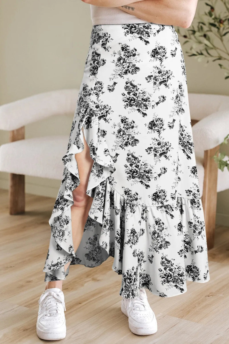 Boho Floral High Waist Ruffle Split Maxi Skirt - CELIVINE