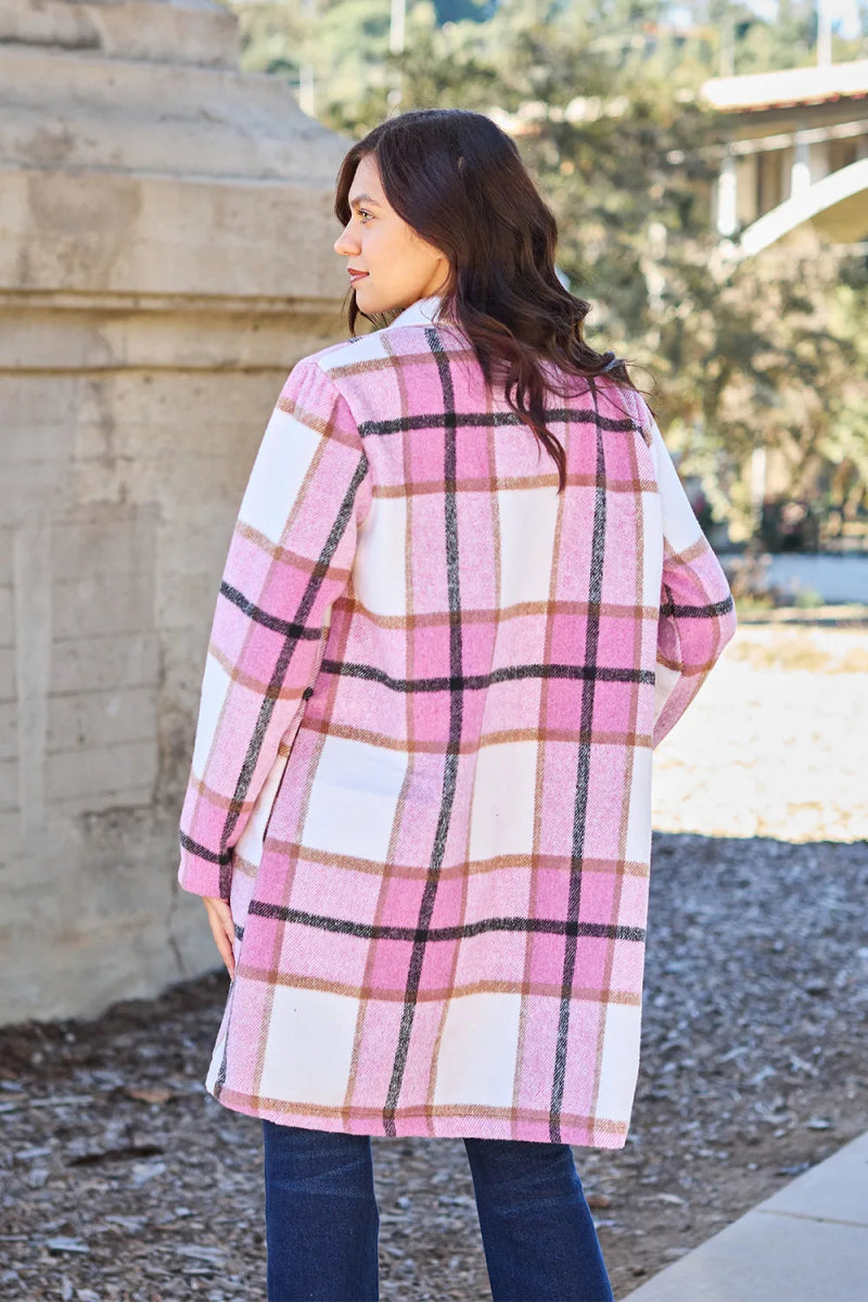 Double Take Full Size Plaid Button Up Lapel Collar Coat - CELIVINE