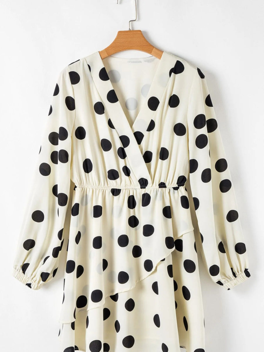Polka Dot Surplice Puff Sleeve Mini Dress - CELIVINE