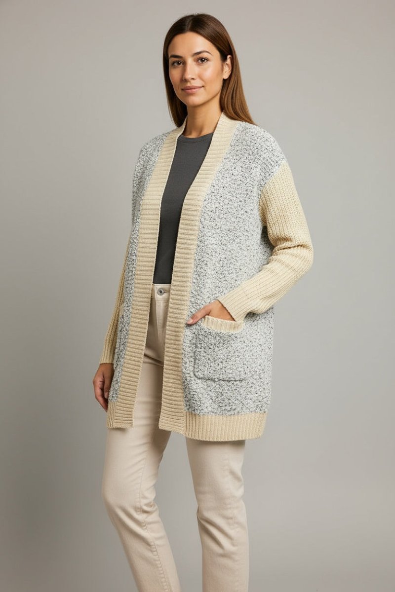 Color Block Side Pockets Open Front Cardigan - CELIVINE