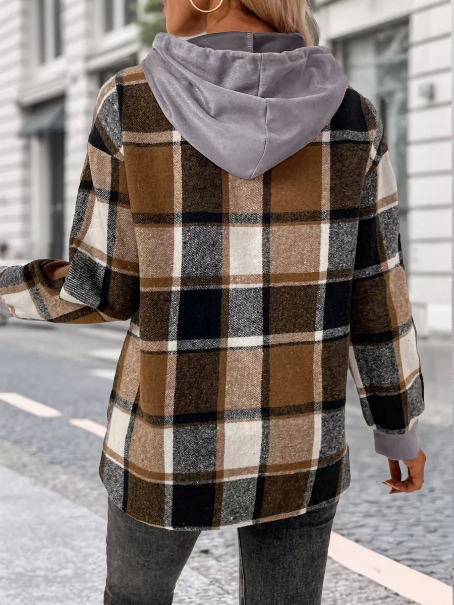 Plaid Drawstring Long Sleeve Hoodie - CELIVINE
