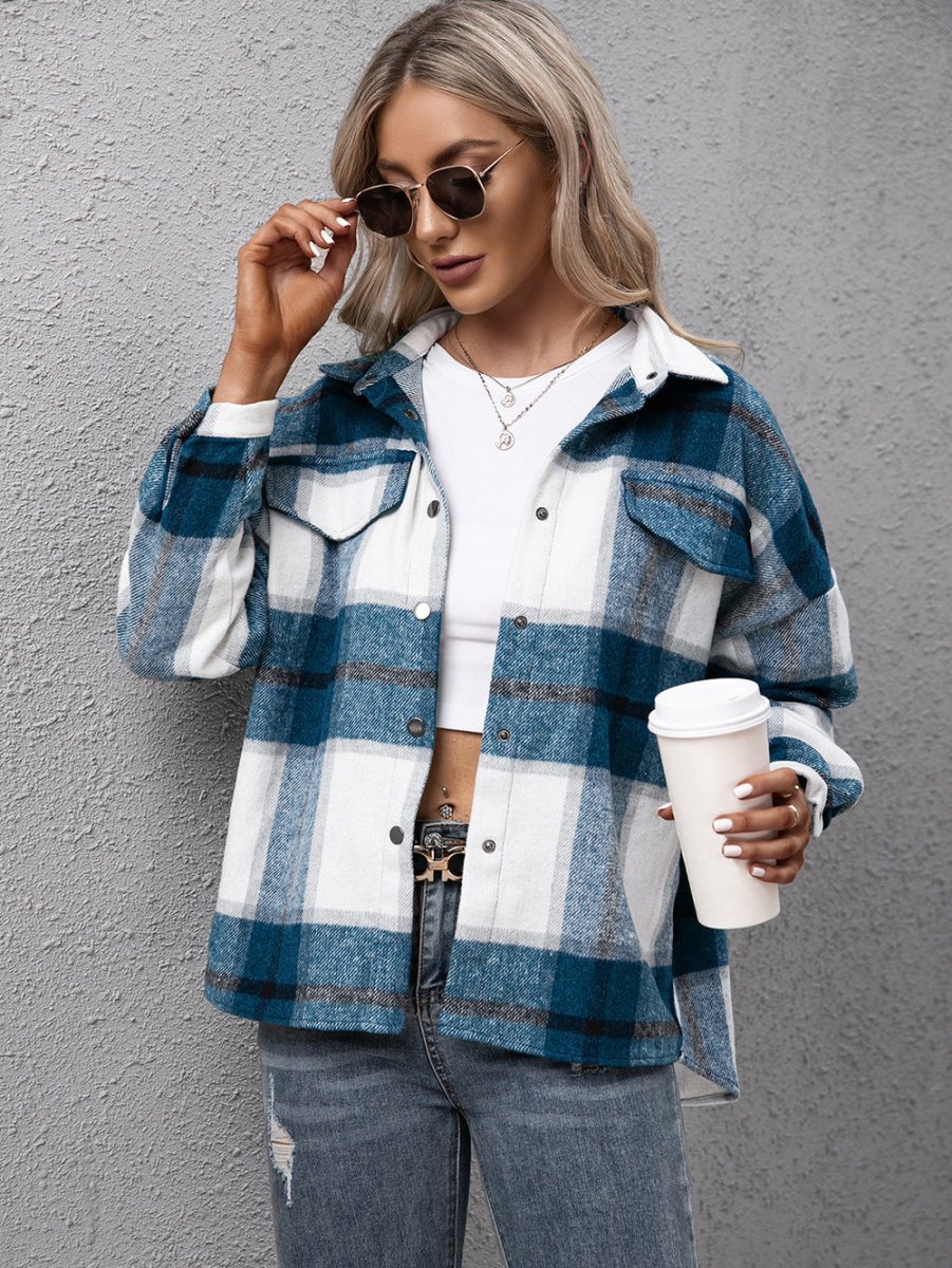 Plaid Long Sleeve Shirt Jacket - CELIVINE