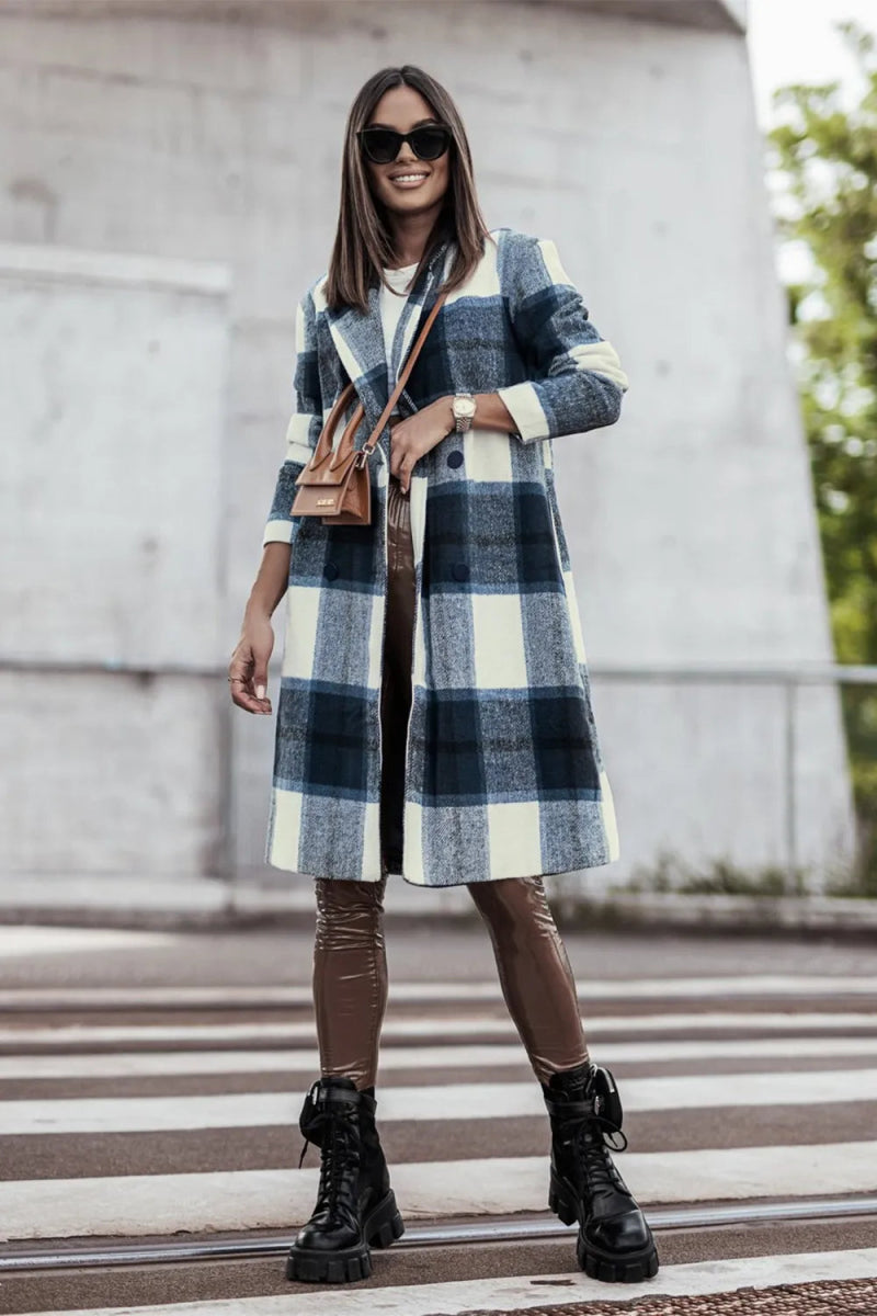 Double Take Full Size Plaid Button Up Lapel Collar Coat - CELIVINE