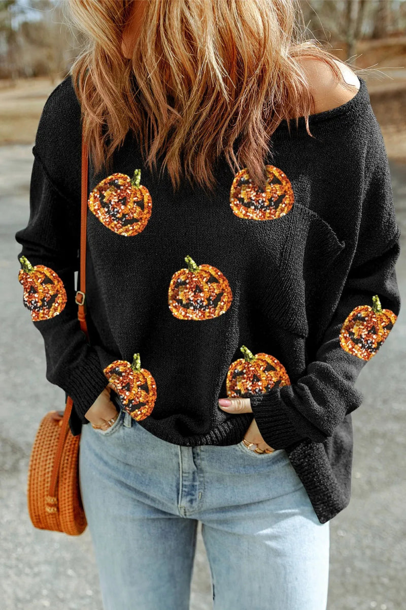 Pumpkin Round Neck Long Sleeve Knit Top - CELIVINE