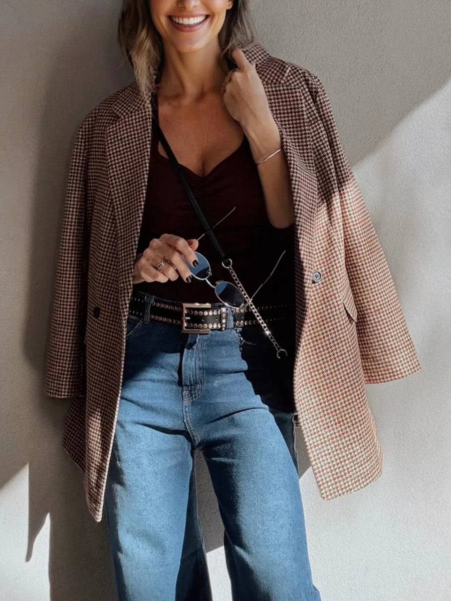 Houndstooth Lapel Collar Blazer - CELIVINE