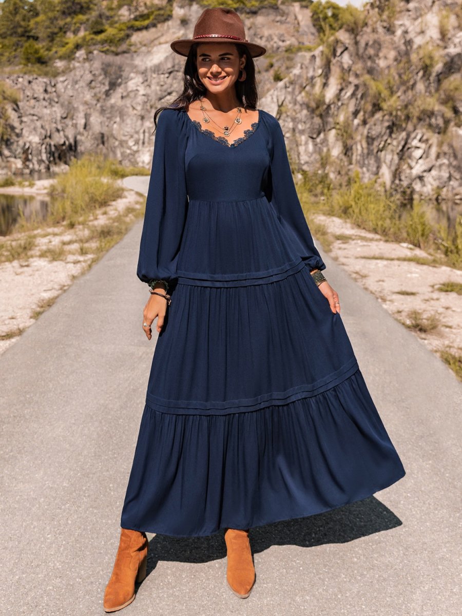 Long Sleeve Lace Trim Maxi Dress - CELIVINE