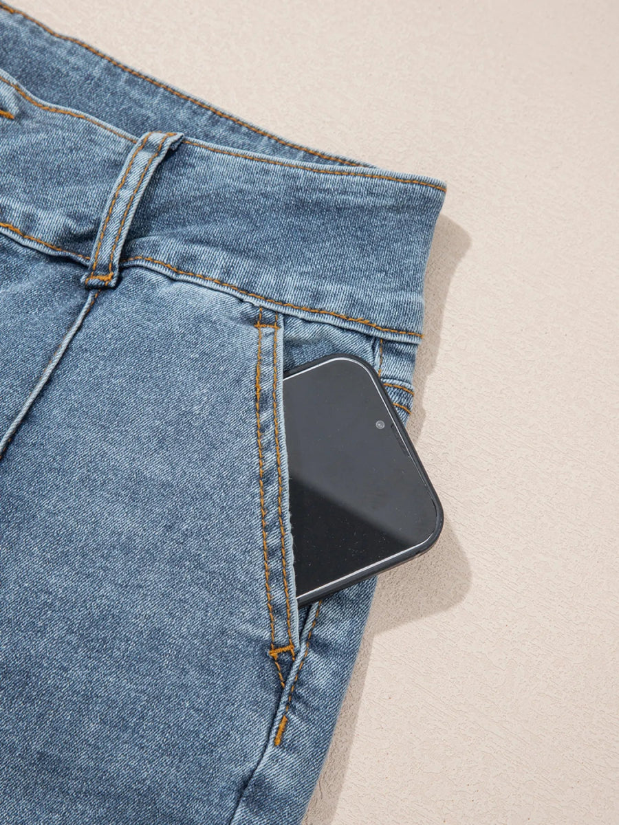 High - Waisted Flare Jeans with Seam Detail - CELIVINE