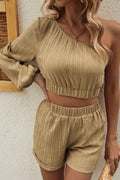Honey One - Shoulder Balloon Sleeve Crop Top and Shorts Set - CELIVINE