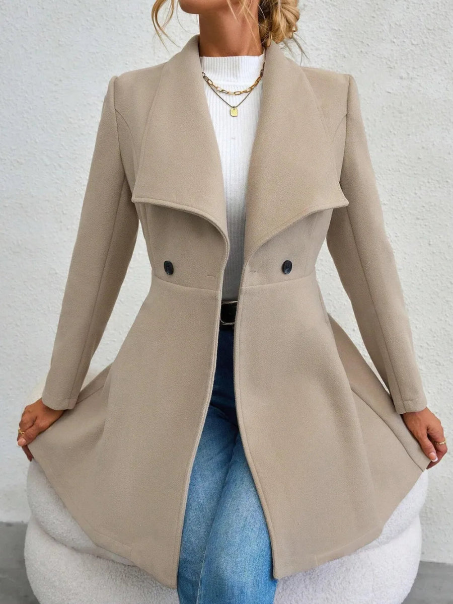 Collared Neck Button Up Long Sleeve Coat - CELIVINE