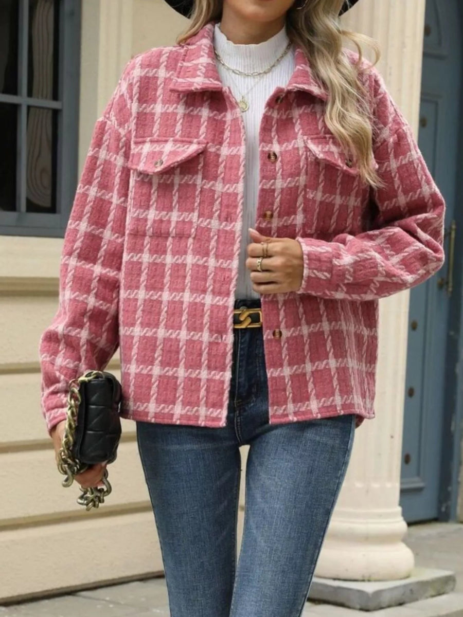 Plaid Button Up Long Sleeve Jacket - CELIVINE
