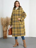 Plaid Double - Breasted Long Sleeve Longline Coat - CELIVINE