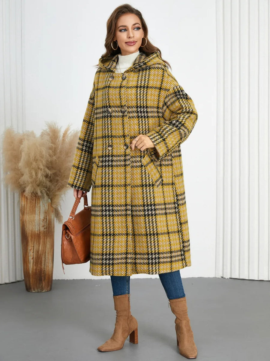 Plaid Double - Breasted Long Sleeve Longline Coat - CELIVINE