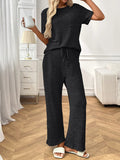 Ribbed Knit Short Sleeve Top and Pants Lounge Set - CELIVINE