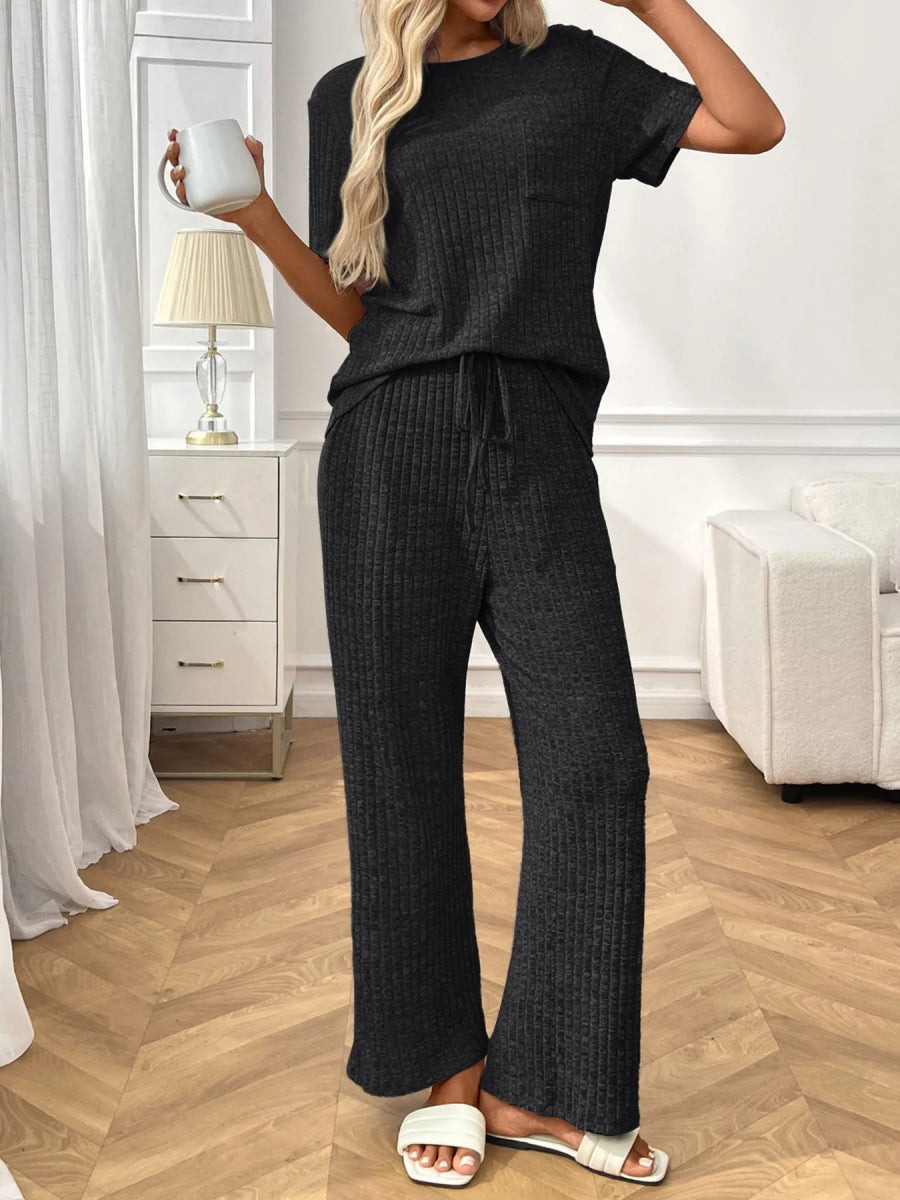 Ribbed Knit Short Sleeve Top and Pants Lounge Set - CELIVINE