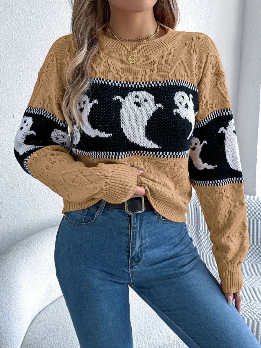 Ghost Round Neck Long Sleeve Sweater - CELIVINE