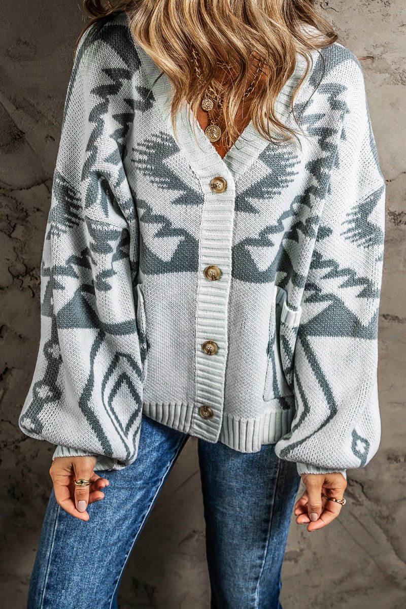 Printed Button Up V - Neck Long Sleeve Cardigan - CELIVINE