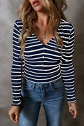 Striped V - Neck Long Sleeve Top - CELIVINE