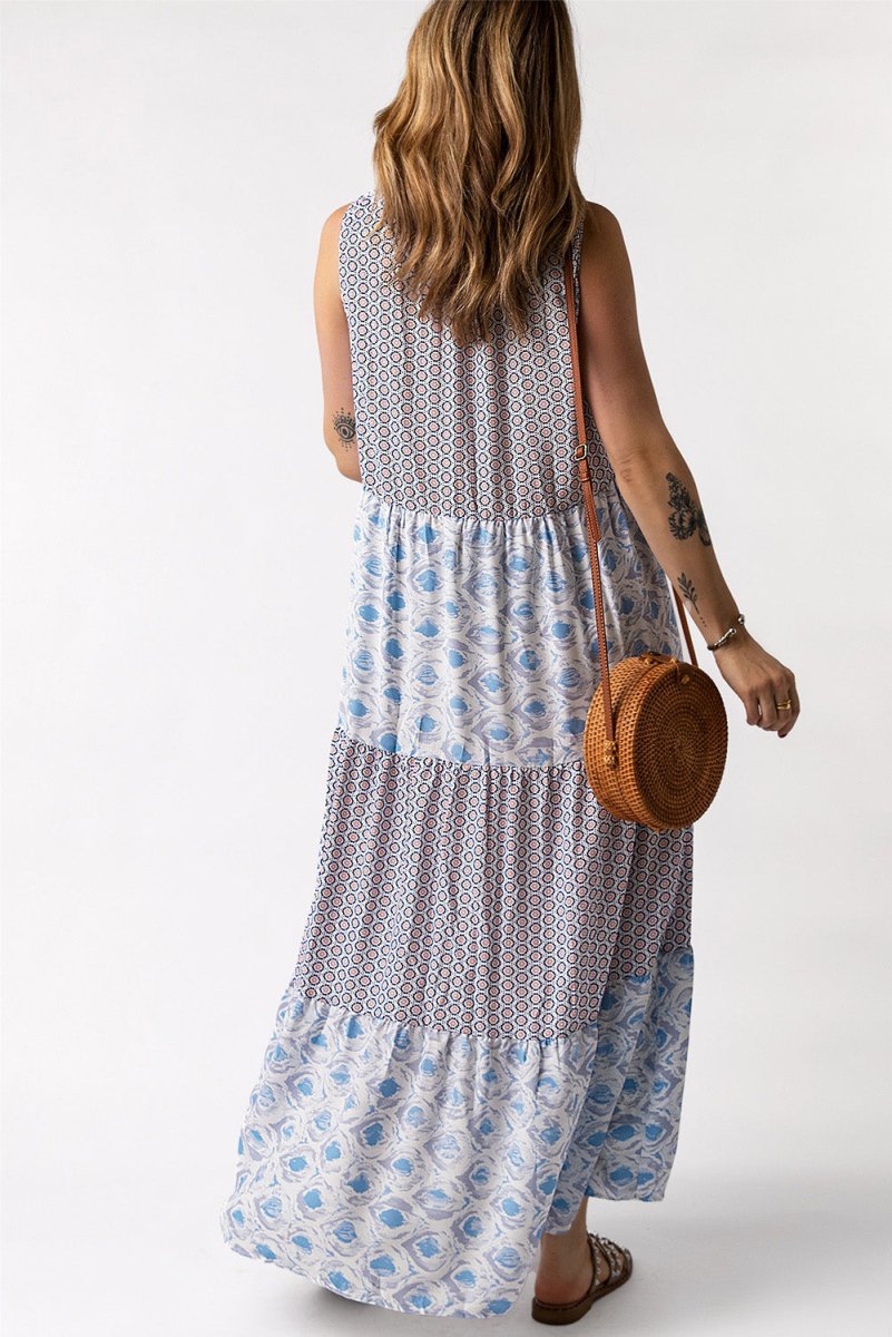 Mixed Print Tie - Neck Sleeveless Maxi Dress - CELIVINE