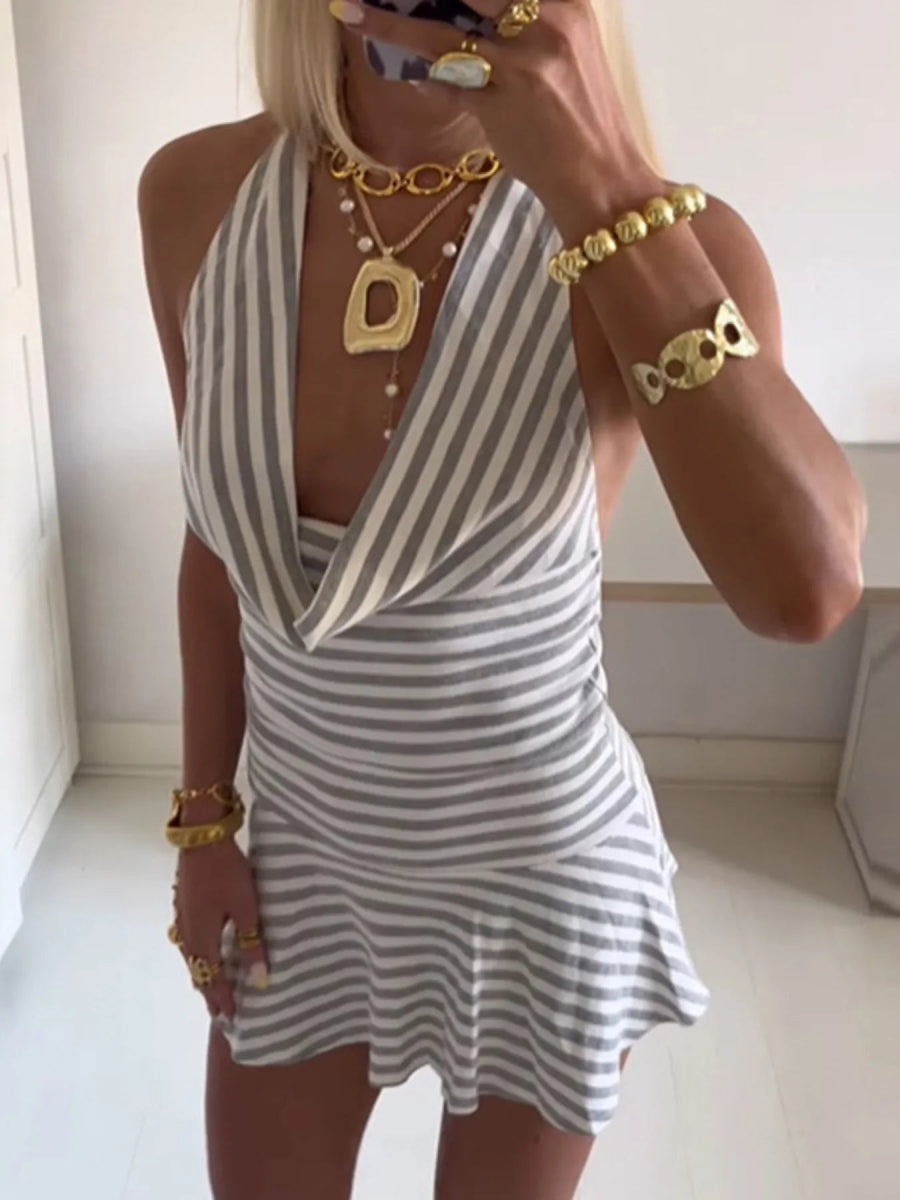Striped Halter Neck Mini Dress - CELIVINE