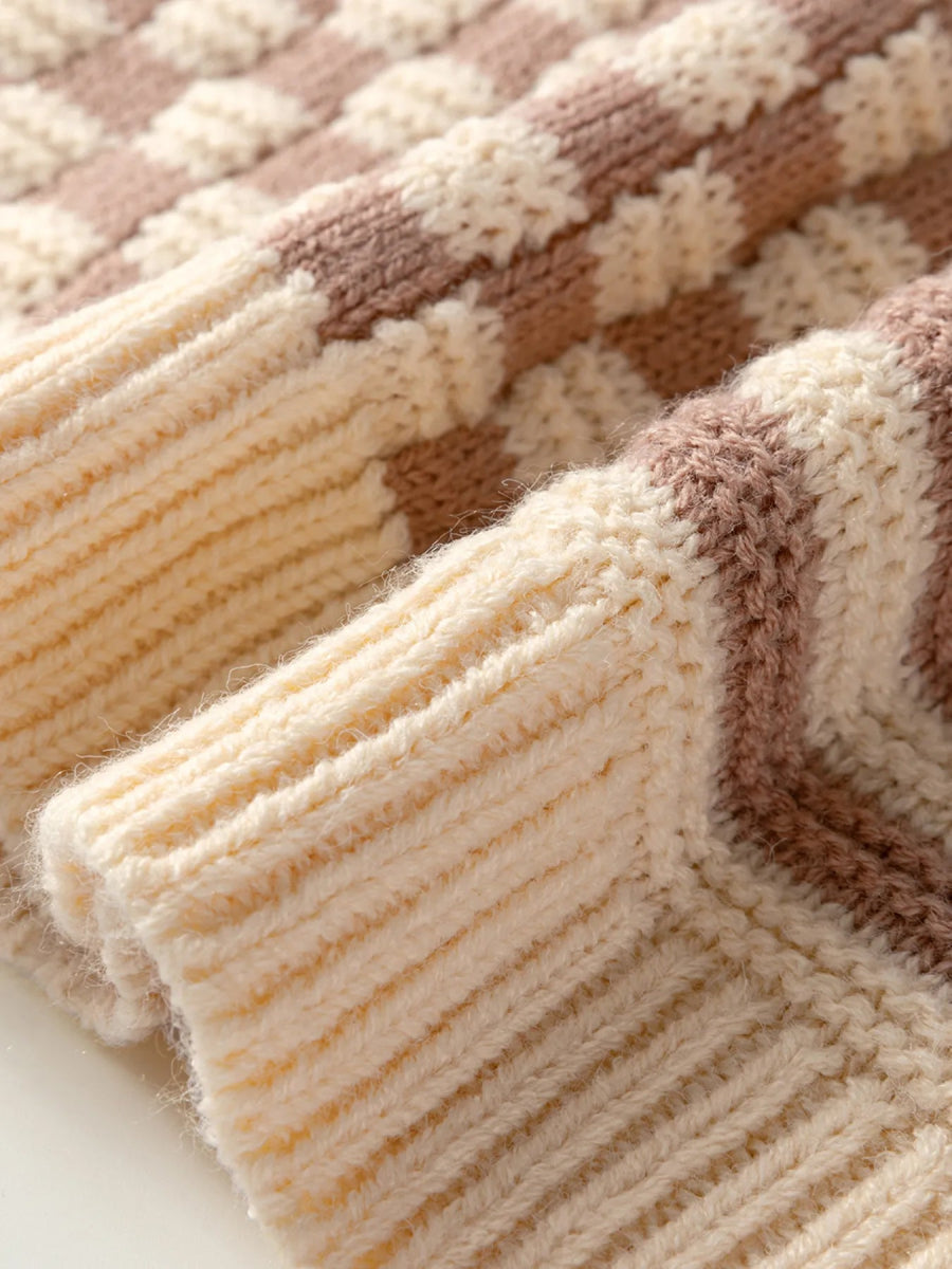 Stripe Checkerboard Drop Shoulder Balloon Sleeve Sweater - CELIVINE