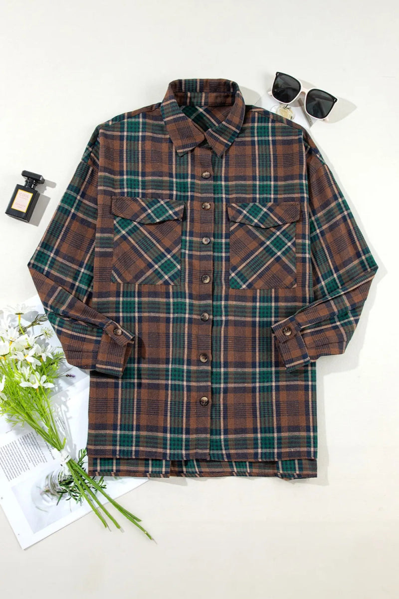 Plaid Button Up Long Sleeve Jacket - CELIVINE